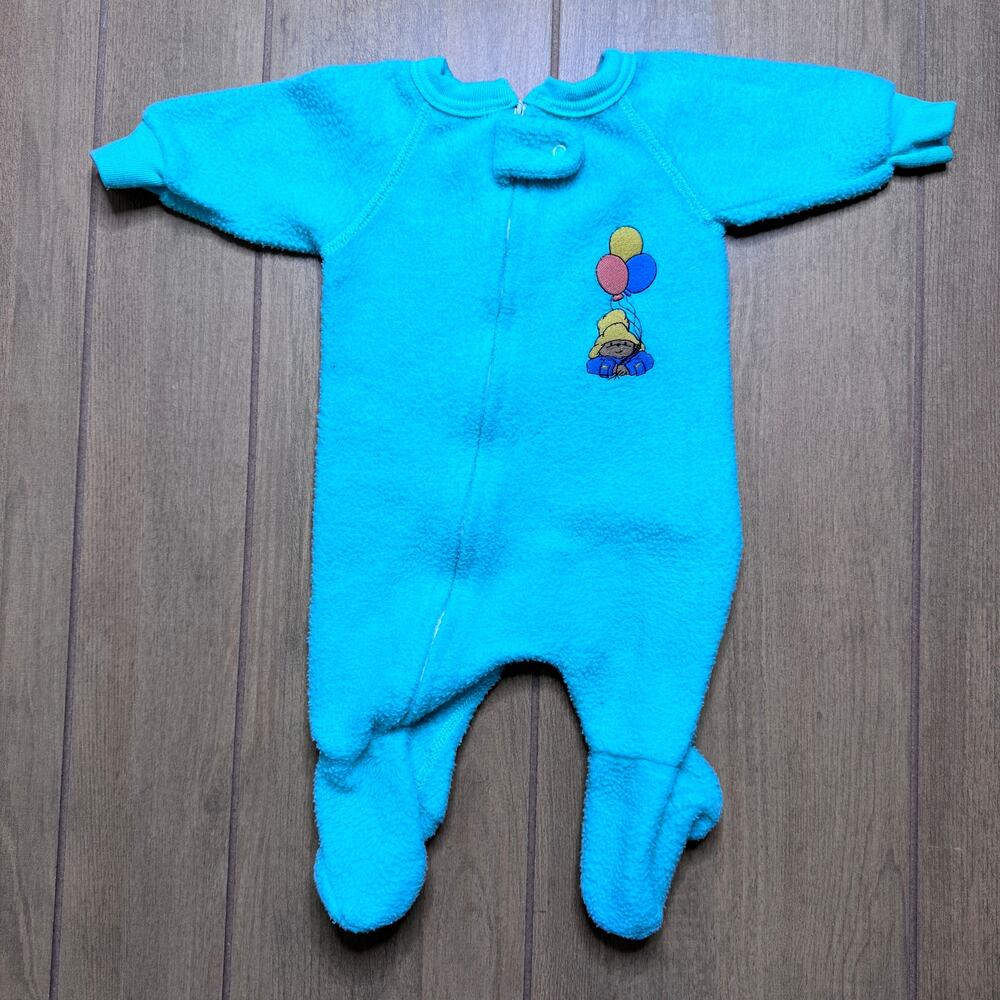 Vintage 90s Paddington Baby Fleece Footed Sleeper - Teal Blue Zip Up - 0-6M